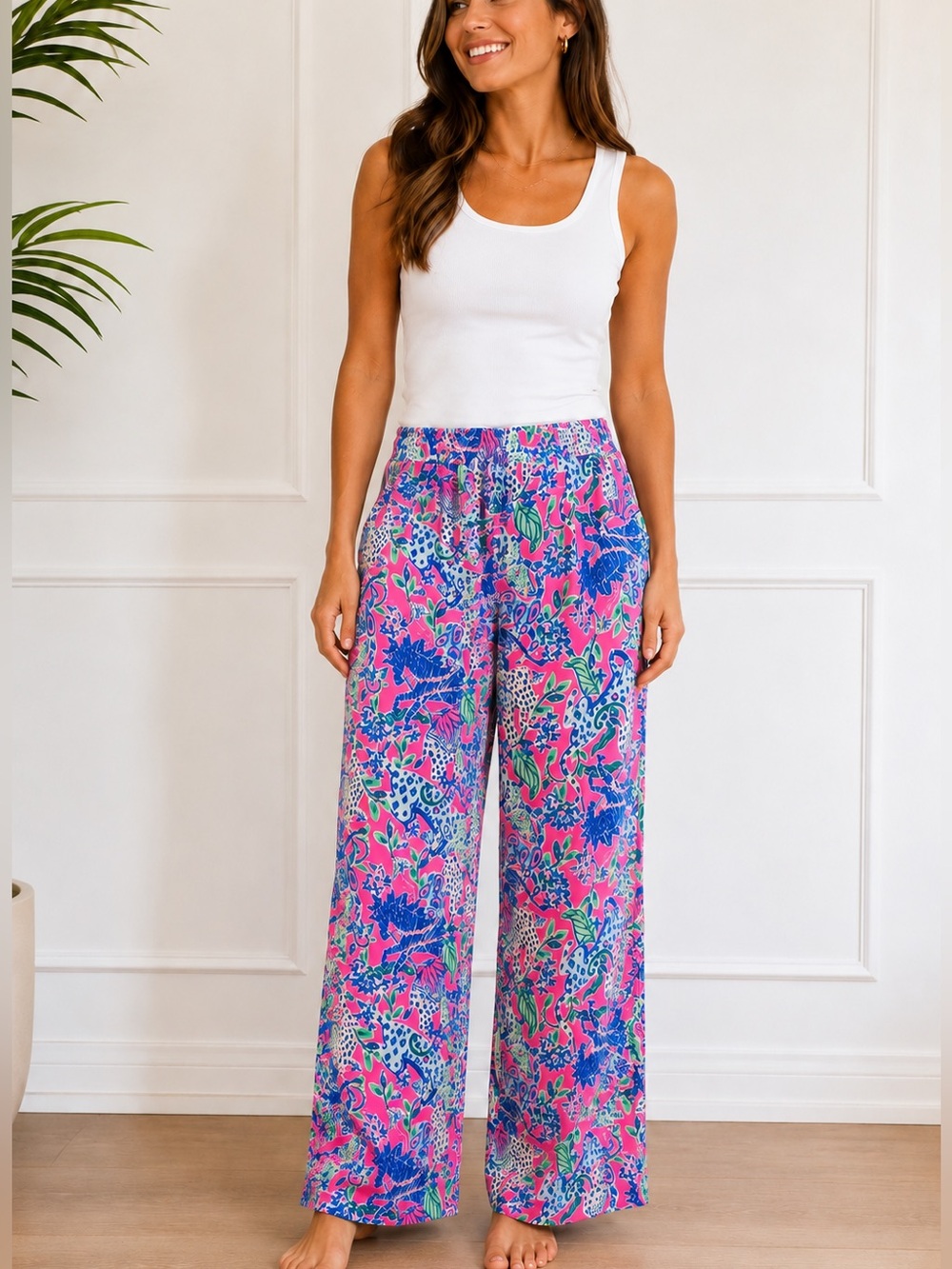 Lilly Pulitzer L Pink Tropical Animal Tiger Print Pull On Pants NWOT